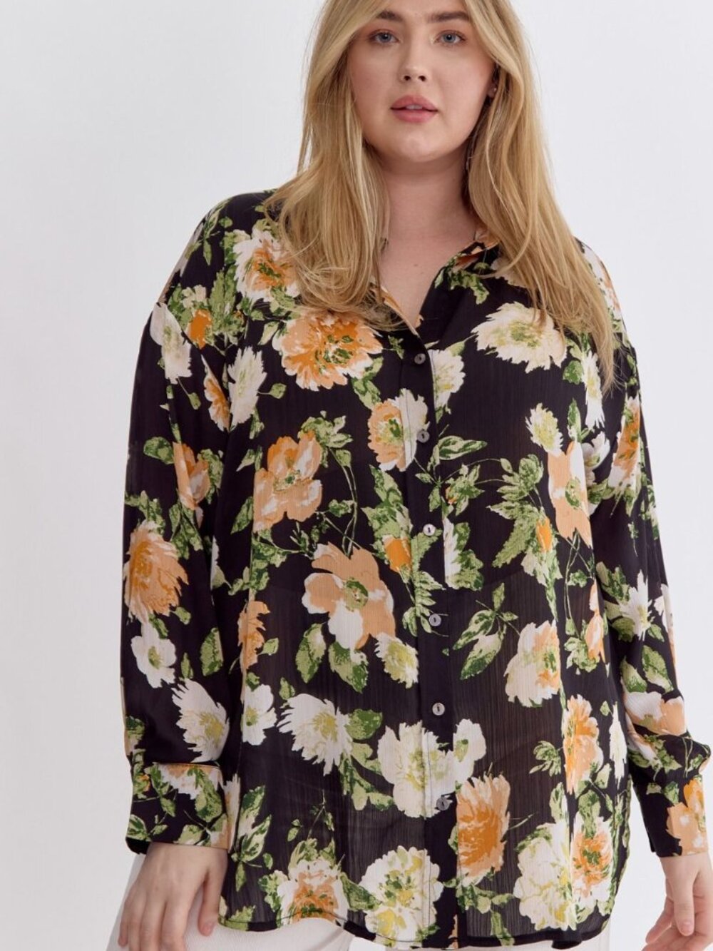 Entro Black Floral Oversized Button Down Blouse